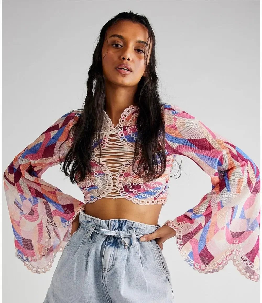 Free People Eyes On You Bell Sleeve Eyelet Mesh Crop Top, Sm NWT